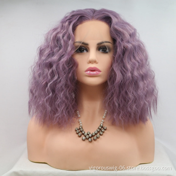 Vigorous mono bob purple premium high quality kinky curly short wholesale black women synthetic hair wigs with lace front